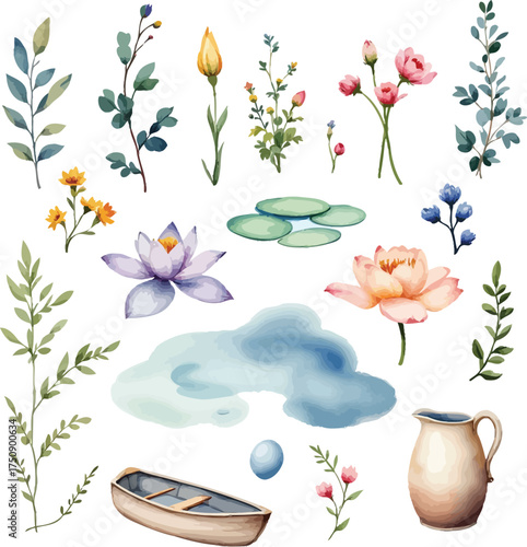 Watercolor Floral Set with Pond Elements