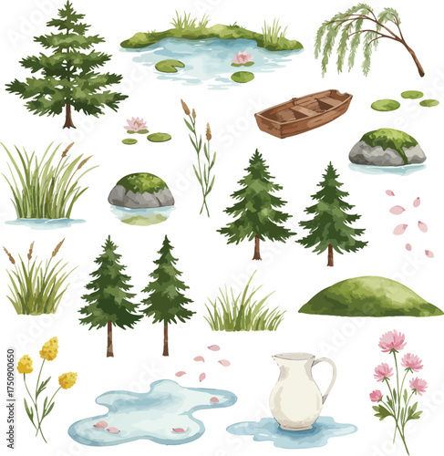 Watercolor Forest Elements for Peaceful Design