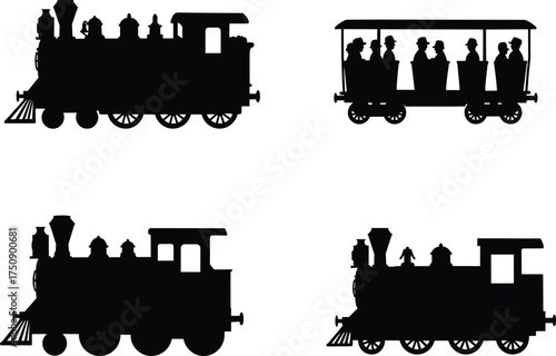 Vintage train silhouette, steam locomotive vector, black and white transport icon, passenger car design, historical railway illustration, retro travel theme, minimal style artwork