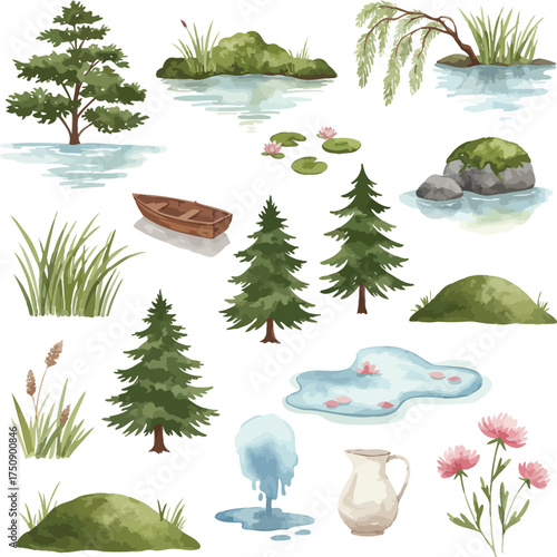Watercolor Illustration of a Natural Landscape Elements