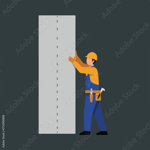 Cartoon worker in blue overalls holding large light gray panel with markings