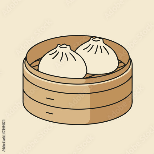 Two dumplings in a wooden steamer basket, outlined in black