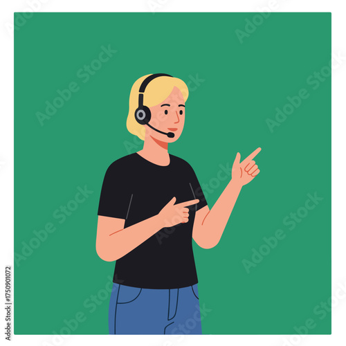 Flat vector illustration of woman wearing a headset and pointing