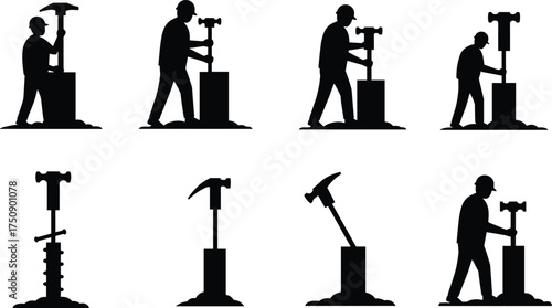 “Construction worker jackhammer operation sequence, industrial demolition tool vector illustration, heavy equipment silhouette set, roadwork machinery technical drawing design”