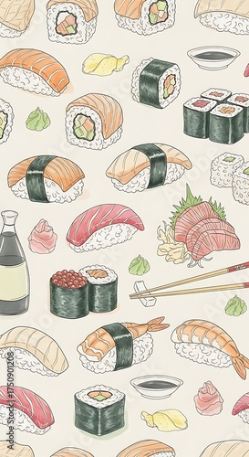 Sushi Variety - A Colorful and Delicious Culinary Pattern.