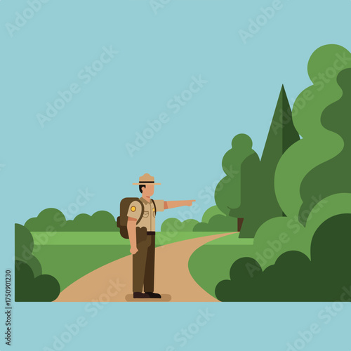Park ranger pointing on a path amidst trees, minimal flat-style illustration