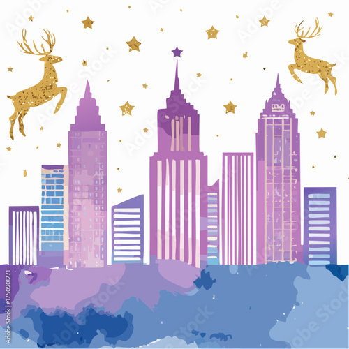 Sanfte Aquarell-Skyline in Blau- und Violetttönen, mit goldfarbenen Rentier-Silhouetten und Sternen