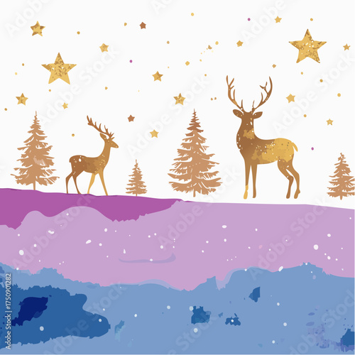 Sanfte Aquarell-Skyline in Blau- und Violetttönen, mit goldfarbenen Rentier-Silhouetten und Sternen