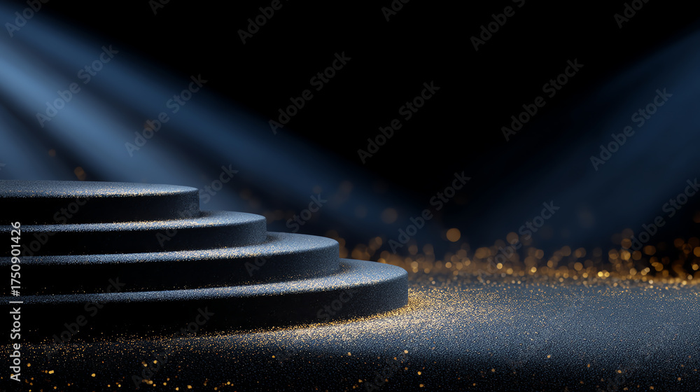 custom made wallpaper toronto digitalDark, circular, tiered podium illuminated by soft spotlights with golden particles scattered around, creating a luxurious and elegant atmosphere