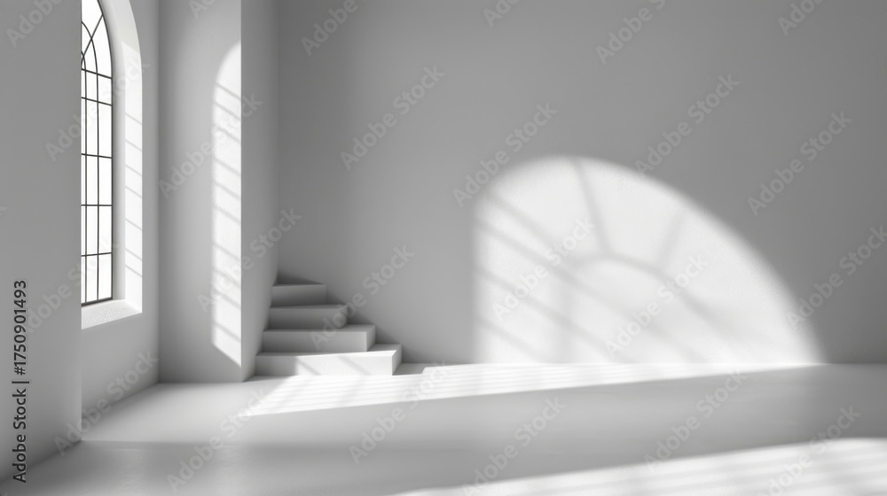 Obraz premium Bright Minimalist Interior with Staircase and Arch Window Casting Shadows on White Walls