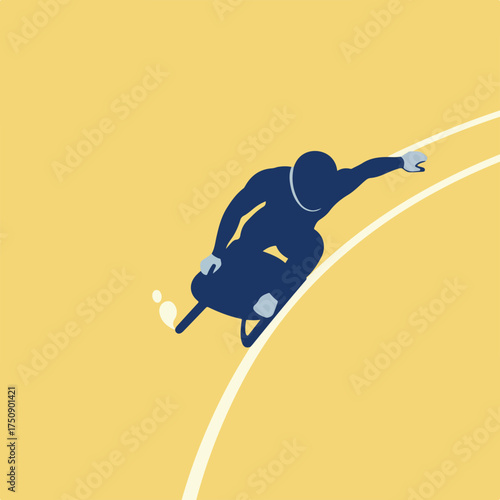Luge rider speeding down a track in blue, against a pale yellow background