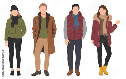 Stylish Winter Outfit Illustration for Couples, Handsome Guys and Beautiful Girls in Modern Cold-Weather Apparel, Fashion Design Concept for Trend Campaigns, Magazines, or Online Store Visuals