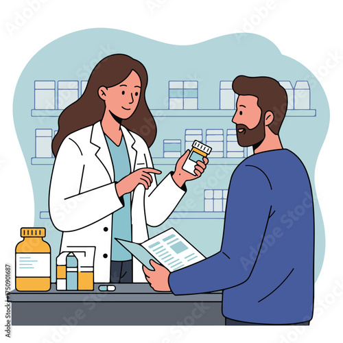 Pharmacist explains medicine to patient in pharmacy, holding brochure, medicine bottles