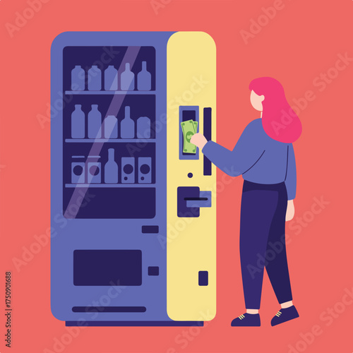 Person inserts money into vending machine against a pink background