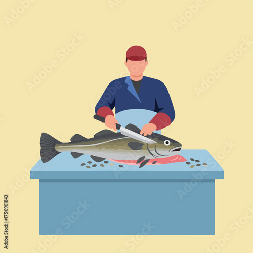 Man with apron cuts fish on blue table, scattered scales