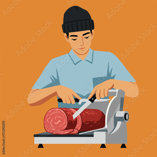 Man slicing cured meat with a meat slicer on an orange background