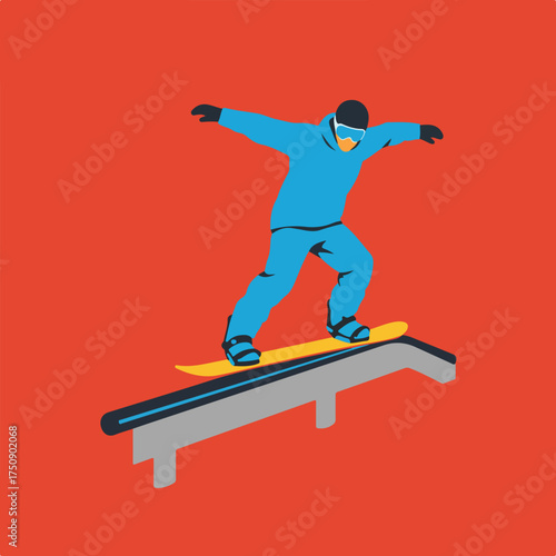 Flat art Snowboarder grinds rail, arms out, against an orange background