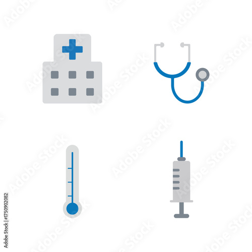 Hospital Equipment and Medical Icons Stethoscope Thermometer Syringe Building