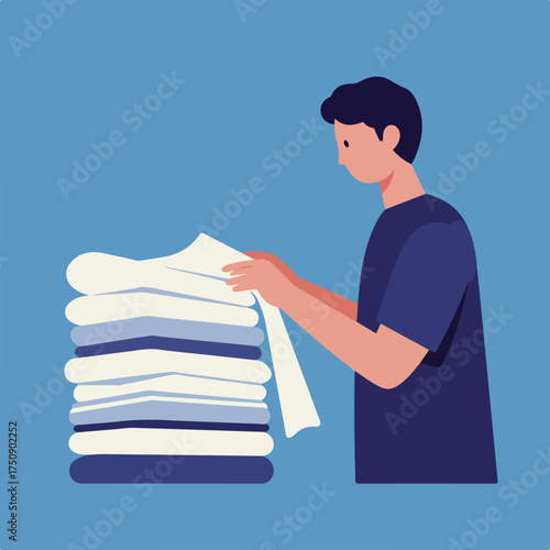 Person folding laundry in simple illustration style, with light blue background