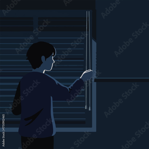 Illustration of a person looking out of window blinds in a dark room