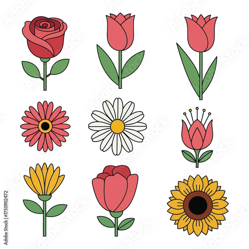 Collection of nine diverse floral elements featuring roses tulips gerbera daisy sunflower and more botanical designs