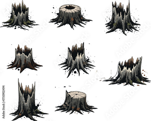 Nine unique old tree stump illustrations in various decay styles with white background, perfect for forest, nature, and landscape design.