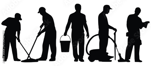 Cleaning Crew in Action: Silhouetted against a pristine backdrop, a dedicated cleaning crew demonstrates a variety of tasks, highlighting the essential role of cleanliness and sanitation.