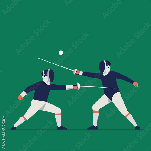 Two fencers in action, mid-thrust, on a green background with a ball