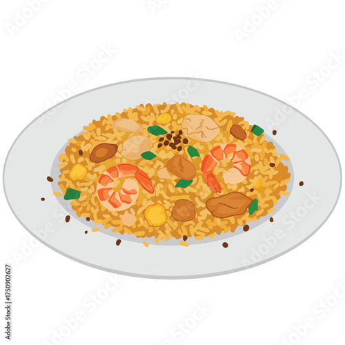 Flat vector illustration of fried rice with shrimp on a white plate
