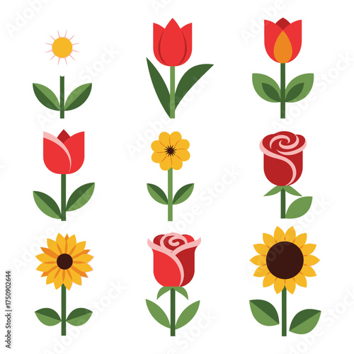 Collection of nine vibrant flat design flowers including tulips roses and sunflowers offering nature's beauty