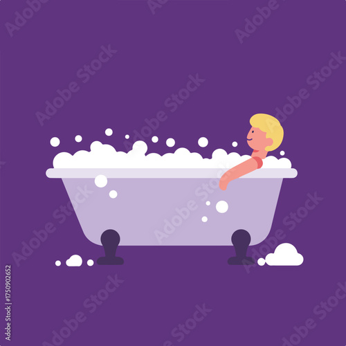 Cartoon person relaxes in a bubbly bathtub on a dark purple background