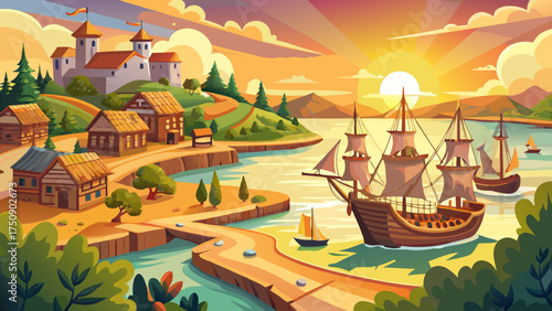 
Very beautiful Jamestown settlement scene with replica ships near the river, wooden fort structures, and golden morning light across Virginia landscape.