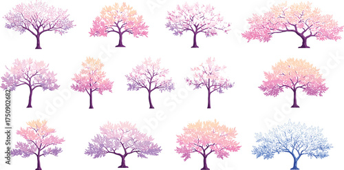 Pastel pink and purple cartoon tree illustrations in seasonal bloom style, ideal for spring themes, romantic art, and decorative designs.