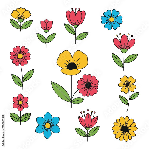 Diverse collection of artistic hand-drawn floral elements featuring vibrant colors and delicate petal designs for creative projects