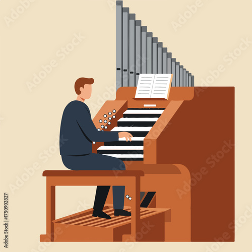 Organist playing a pipe organ, following sheet music