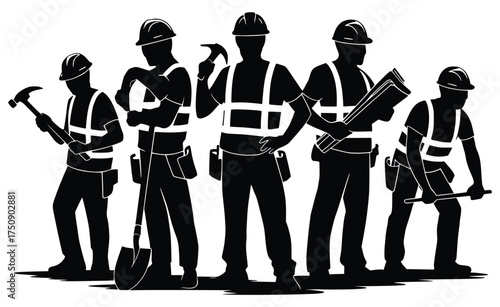 Construction Crew Silhouette: The image features a determined silhouette of construction workers, each with their essential tools of the trade, ready to build and create.