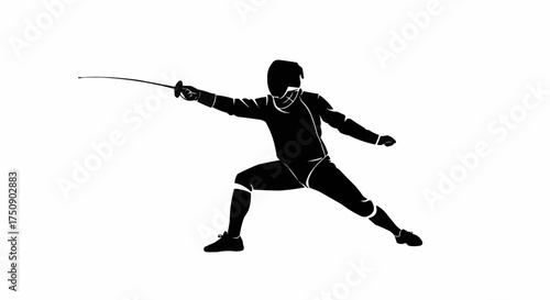 Dynamic fencer silhouette poised in attack, embodying sportsmanship and focus
