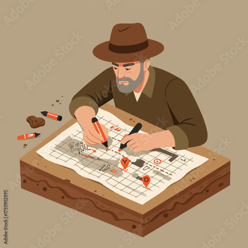 Man in hat marks map on an earthen grid with pins and pens