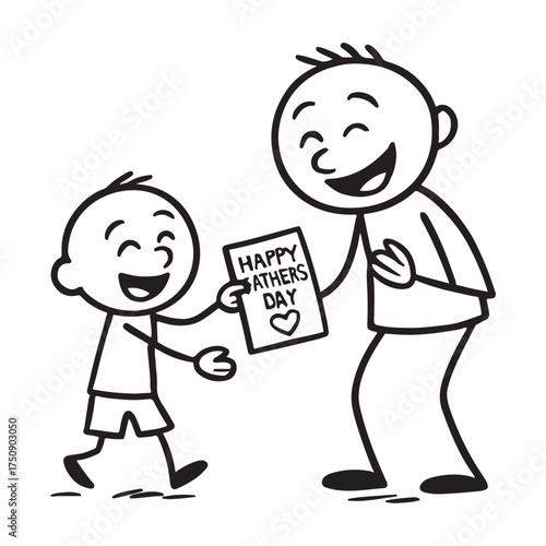 Father and son exchanging a handmade card on father s day clean line art