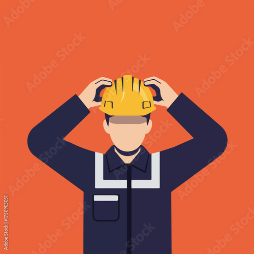 Person putting on yellow hard hat, wearing a blue work uniform, against orange