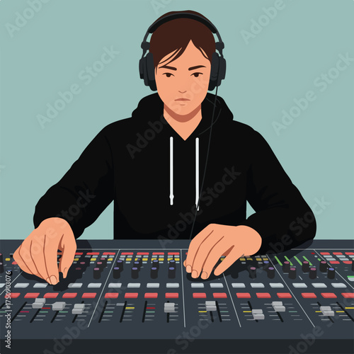 Person in hoodie using soundboard, headphones