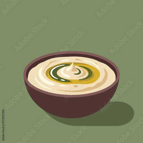Bowl of hummus with olive oil, vector illustration on muted green backdrop