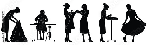 Silhouette of Couture Craftsmanship: Elegant silhouettes depict skilled seamstresses meticulously engaged in the art of haute couture, showcasing each step of the creation process.