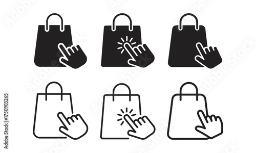 Online Shopping Bag and Click Pointer Icon Set, vector illustration