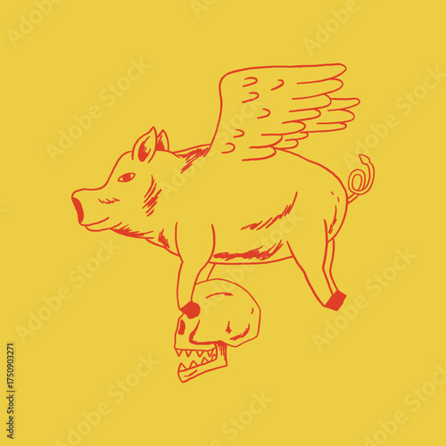 flying pig carrying a skull retro cartoon illustration