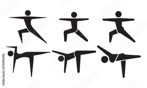 Yoga and Fitness Pose Warrior Silhouette Icon Set, vector illustration