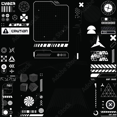 Futuristic Typeface Graphic in Sci-Fi Art Style, Lettering with HUD and Y2K Elements for Streetwear and T-Shirt Typography