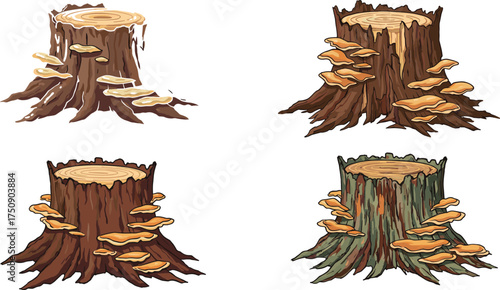 Realistic botanical tree trunk cross section illustration set showing wood rings, foliage, leaves, and berries for natural scientific education design