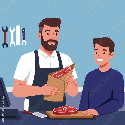Butcher handing steak to customer at counter; tools hang on the wall