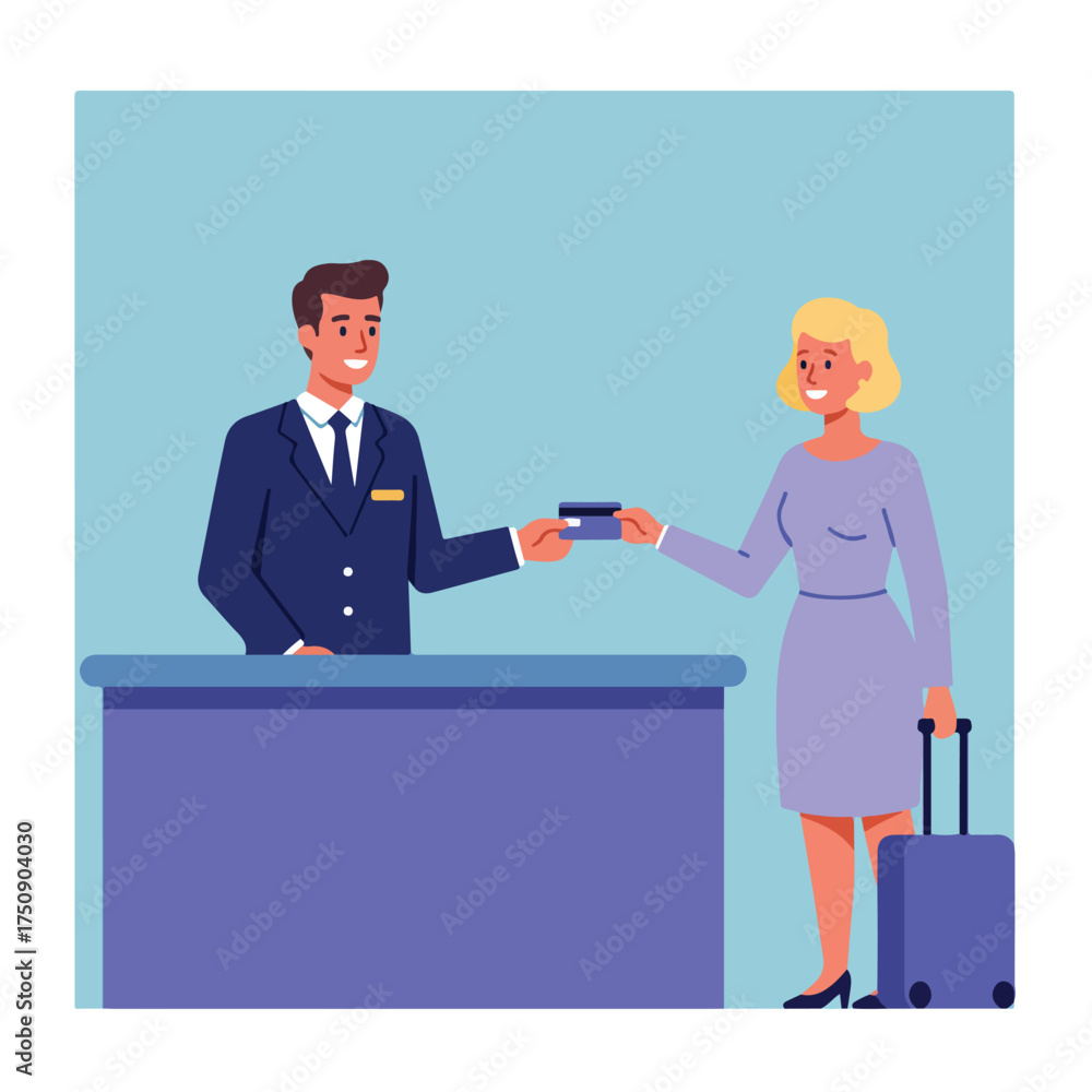 Fototapeta premium Clerk takes card from woman with luggage at hotel reception desk